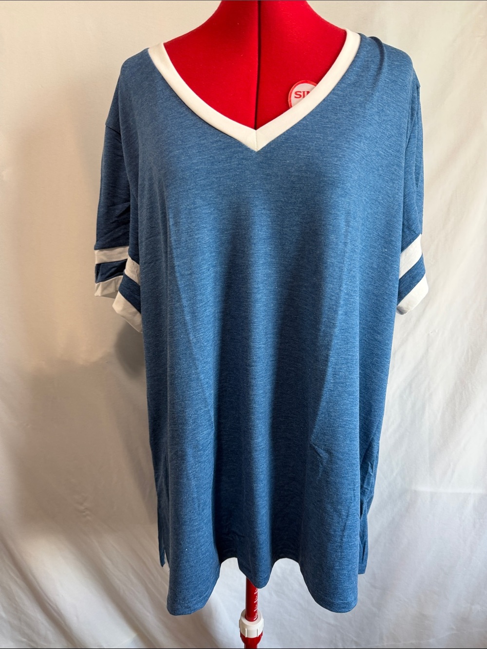 Women's Blue V-Neck Short Sleeve Tee with White Trim